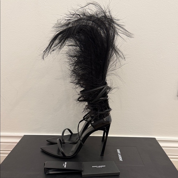 Saint Laurent Feather Lace-Up Heeled Sandals Black Leather Runway Statement 37 - Picture 3 of 16